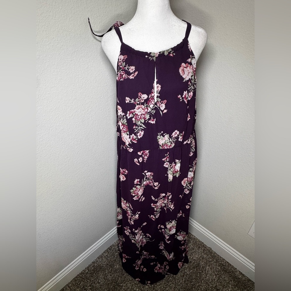 Purple Floral Chiffon Halter Slit Maxi Dress